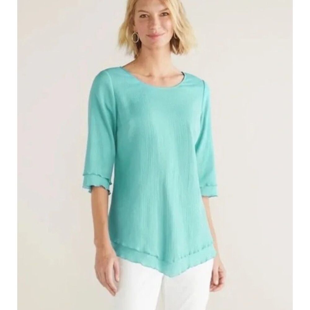 NWT Soft Surroundings Siesta Key Tunic L Teal Crinkle Cotton Layered Gauze Top